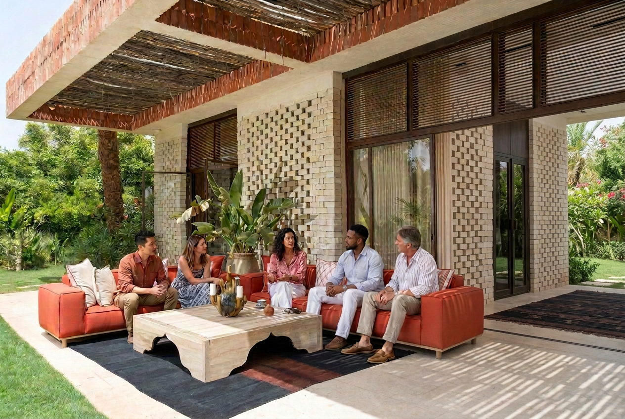 A diverse group of founders in a strategy conversation at Villa Sama