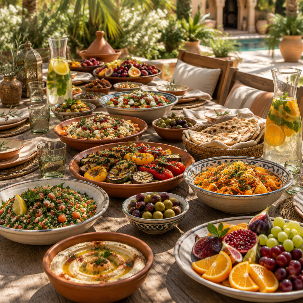 A long table of healthy Moroccan dishes, salads and fresh fruit in the gardens of Villa Sama